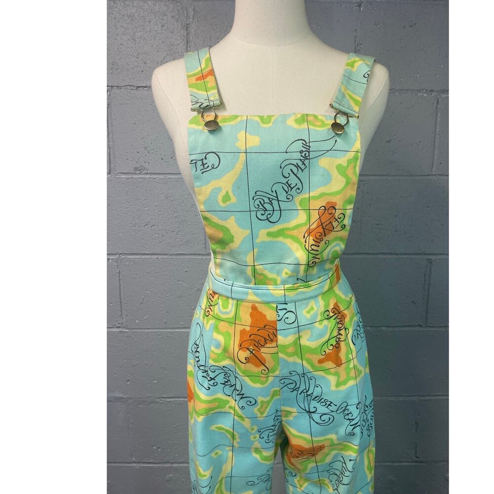 Vintage 1970s Fantasy Map Print Denim Bell Bottom Big Overalls XS/Small Vacation